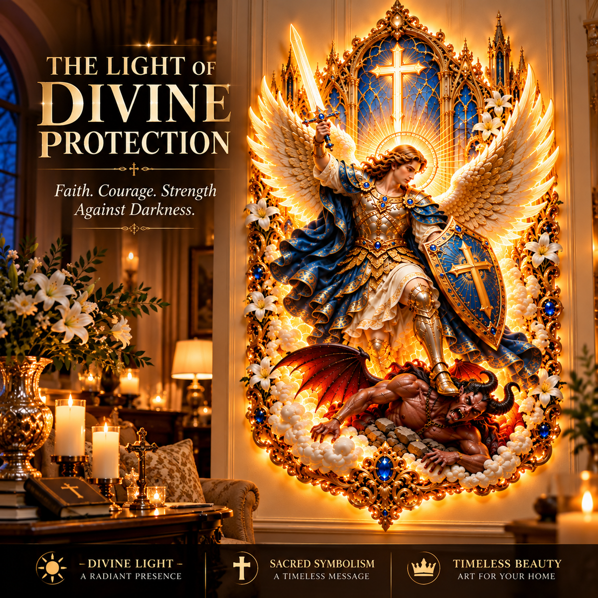 🛡️ Let Faith Conquer Darkness! ✨ Saint Michael the Archangel – Divine Protection Illuminated Wall Art