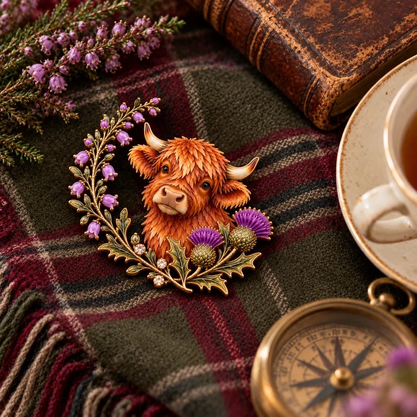 🏴🐮 Highland Heart™ | Scottish Cow, Thistle & Heather Heritage Brooch