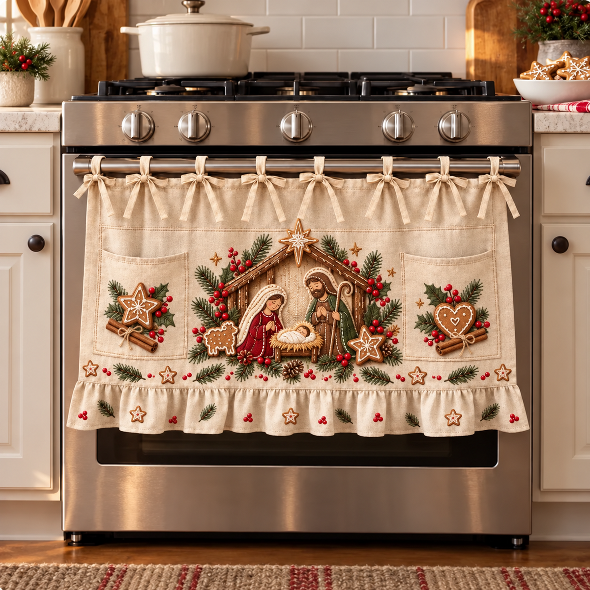 🎄 Cozy Christmas Oven Door Skirt | Festive Kitchen Decor with Bow Ties & Ruffled Trim
