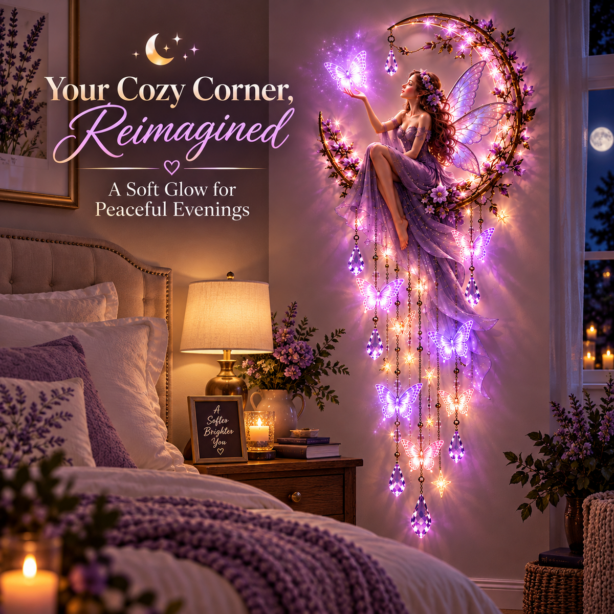 🦋 Enchanted Butterfly Moon™🌙 – Magical Fairy Starfall Wall Light with Cascading Crystal Glow