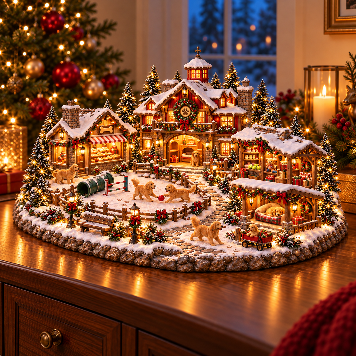 🔥 LAST DAY 49% OFF | 🐾 A Golden Christmas Village | Lighted Holiday Scene 🎄✨