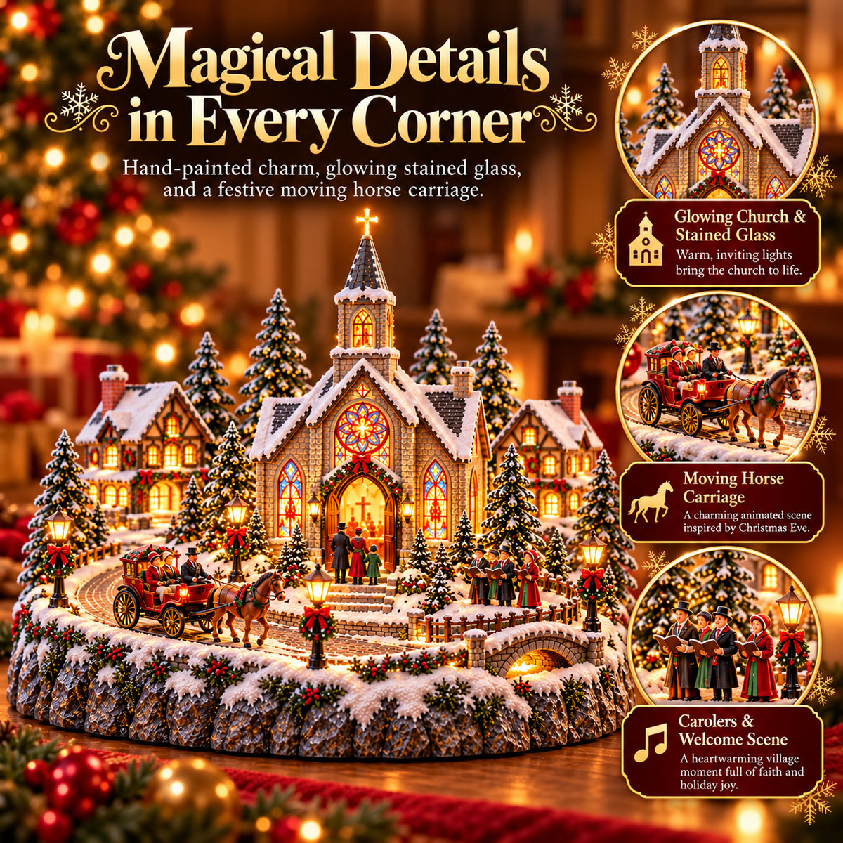 🎄⛪ Vintage Christmas Eve Church Village — Animated Horse-Drawn Carriage & Stained-Glass Church Lighting