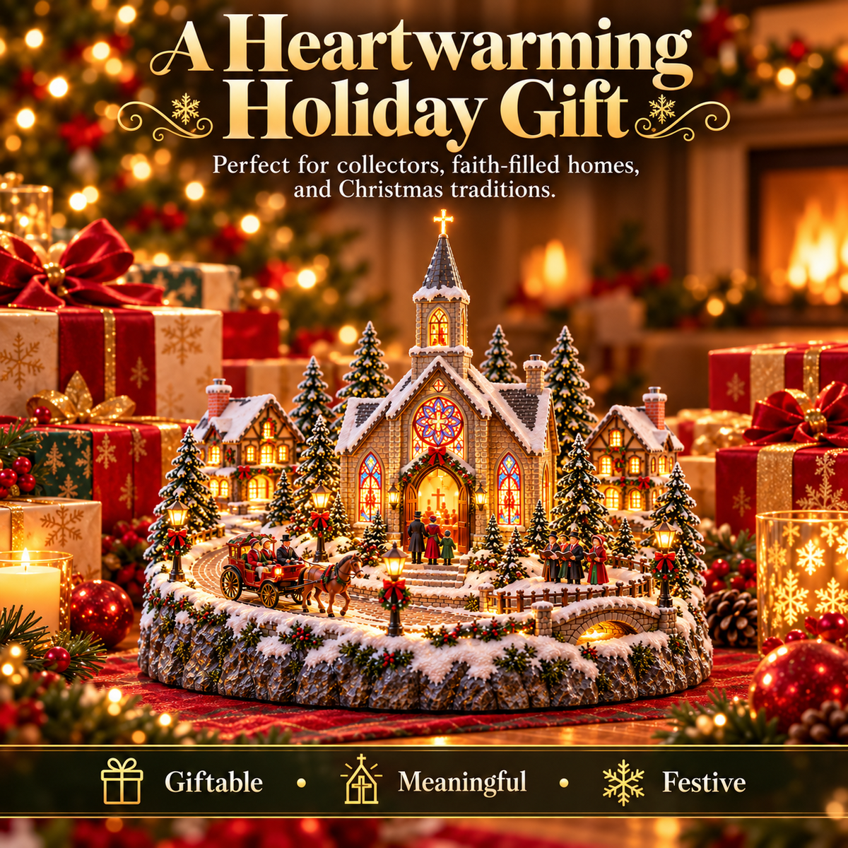 🎄⛪ Vintage Christmas Eve Church Village — Animated Horse-Drawn Carriage & Stained-Glass Church Lighting