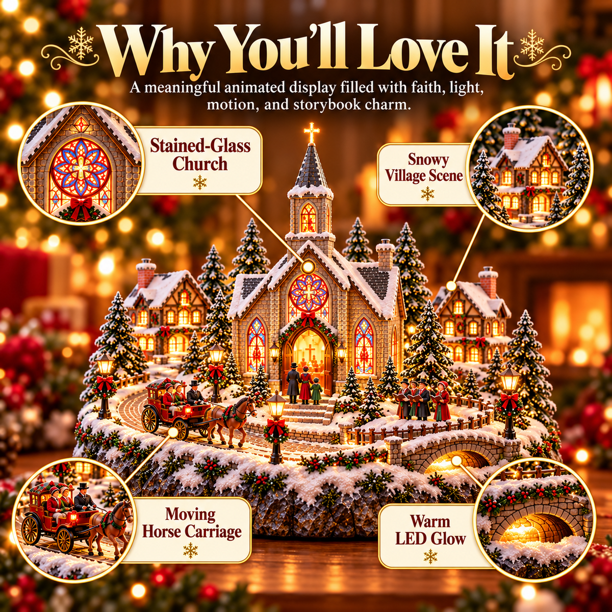 🎄⛪ Vintage Christmas Eve Church Village — Animated Horse-Drawn Carriage & Stained-Glass Church Lighting
