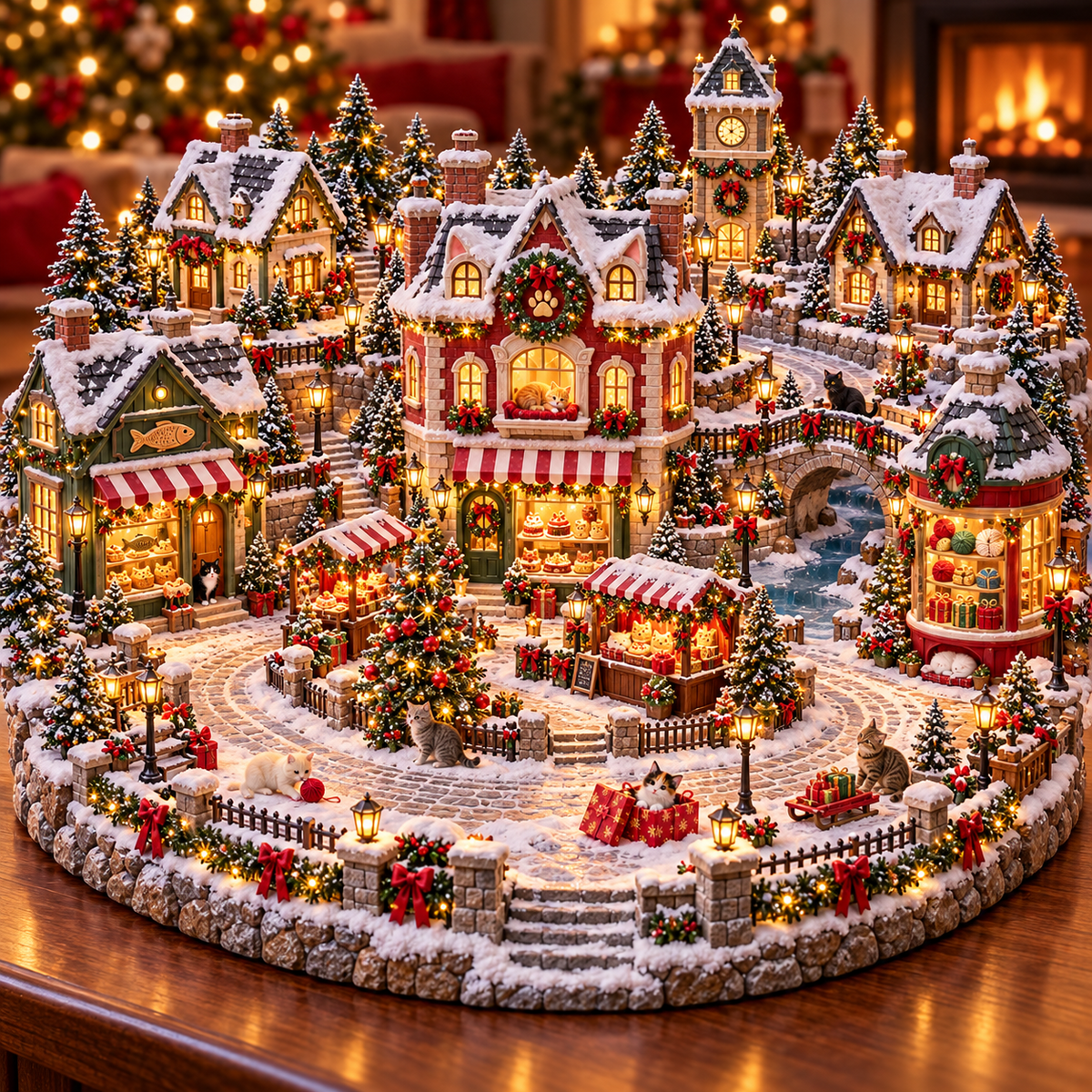 🐱🎄 Christmas Cat Village – Lighted Holiday Scene for Cat Lovers