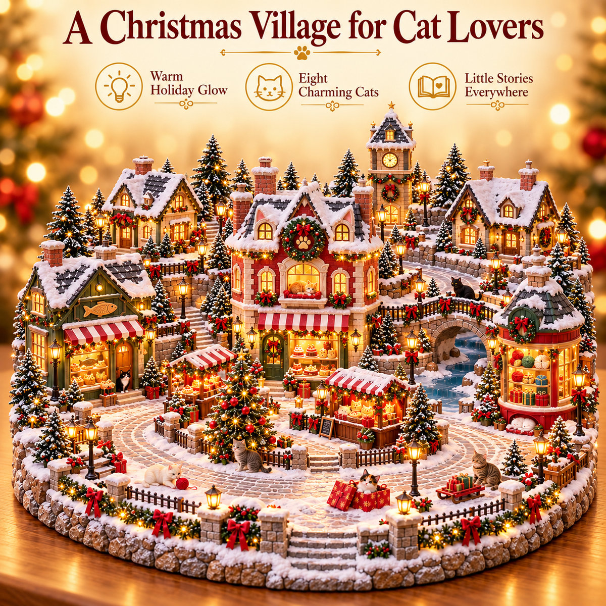 🐱🎄 Christmas Cat Village – Lighted Holiday Scene for Cat Lovers