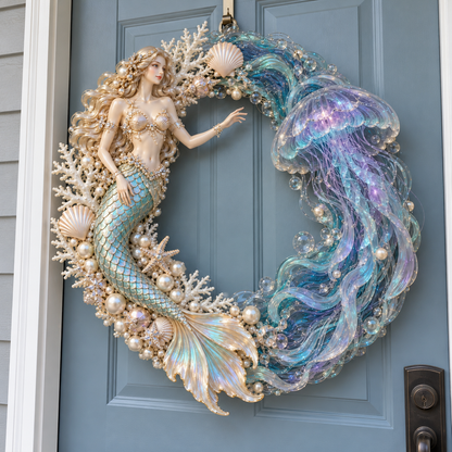 🌊🧜‍♀️ Mermaid & Jellyfish Glow Wreath – Lighted Coastal Decor