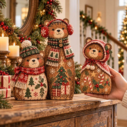 🐻🎄 Rustic Christmas Bear Family – 3-Piece Wooden Tabletop Decor