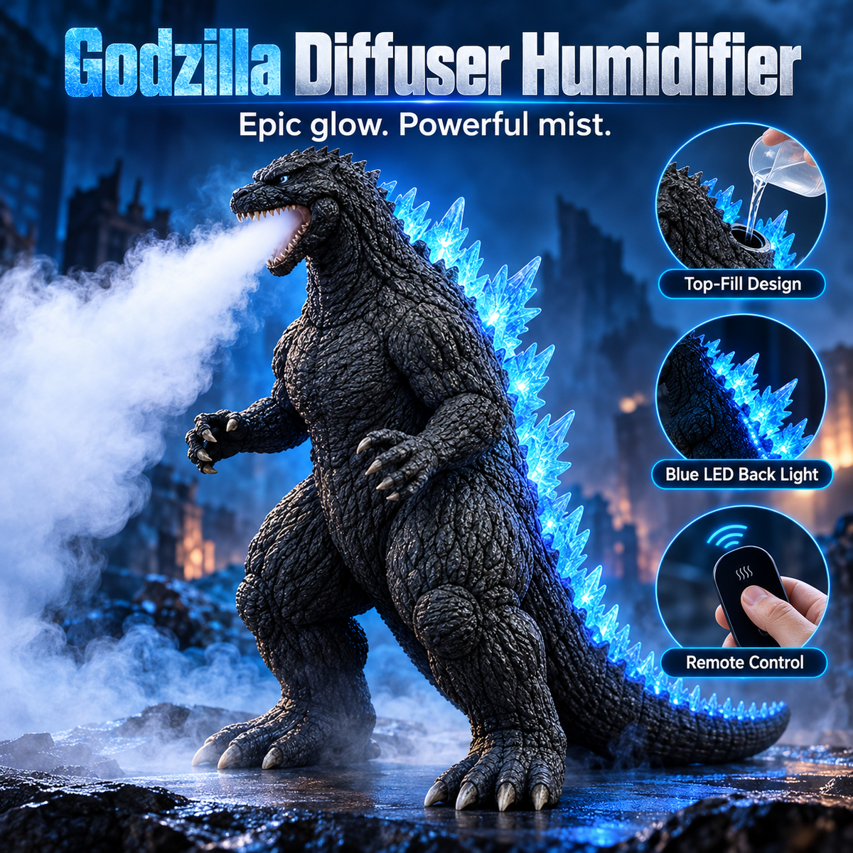 🌊💙 Kaiju Mist™ | Cool Mist Humidifier with Blue LED Glow & Remote