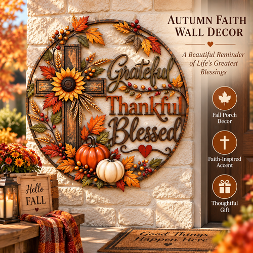 🍂🙏 Grateful, Thankful & Blessed™ | Rustic Fall Faith Wall Décor for Porch & Home ✝️🌻