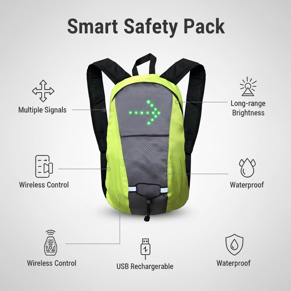 🚴 15L LED Warning Light Backpack – Wireless Handlebar Remote, 5 Signal Modes & Reflective Strips