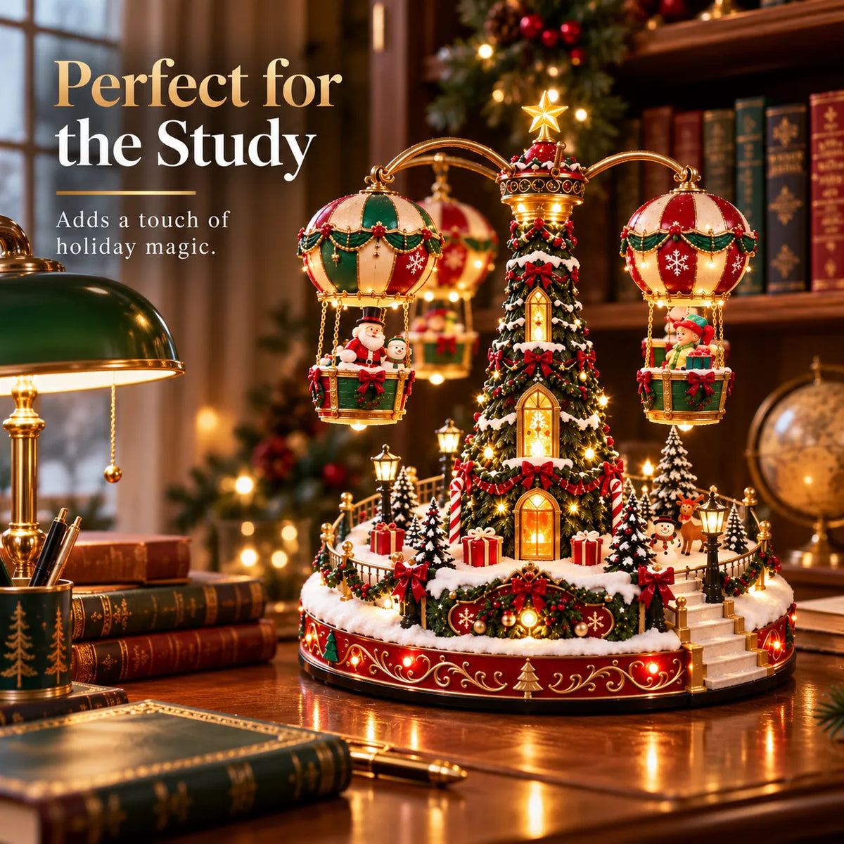 Magical Christmas Hot Air Balloon Musical Carousel™️ – Rotating Holiday Village Centerpiece with LED Lights & Flying Santa 🎄✨