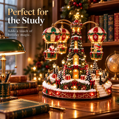 Magical Christmas Hot Air Balloon Musical Carousel™️ – Rotating Holiday Village Centerpiece with LED Lights & Flying Santa 🎄✨