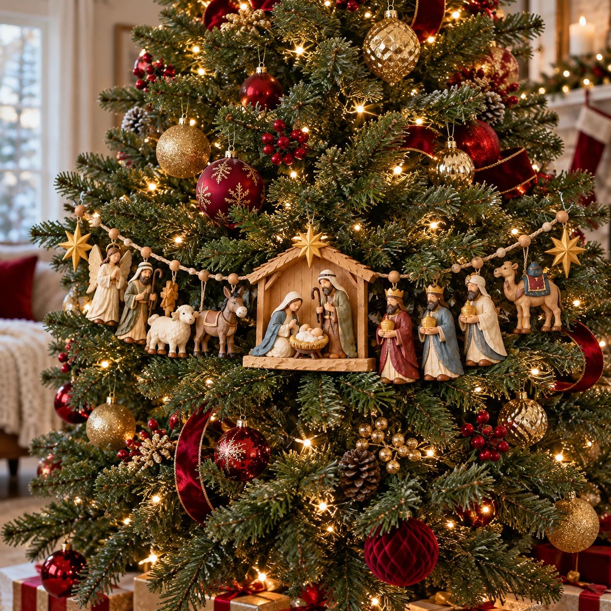Nativity garland displayed on a decorated Christmas tree