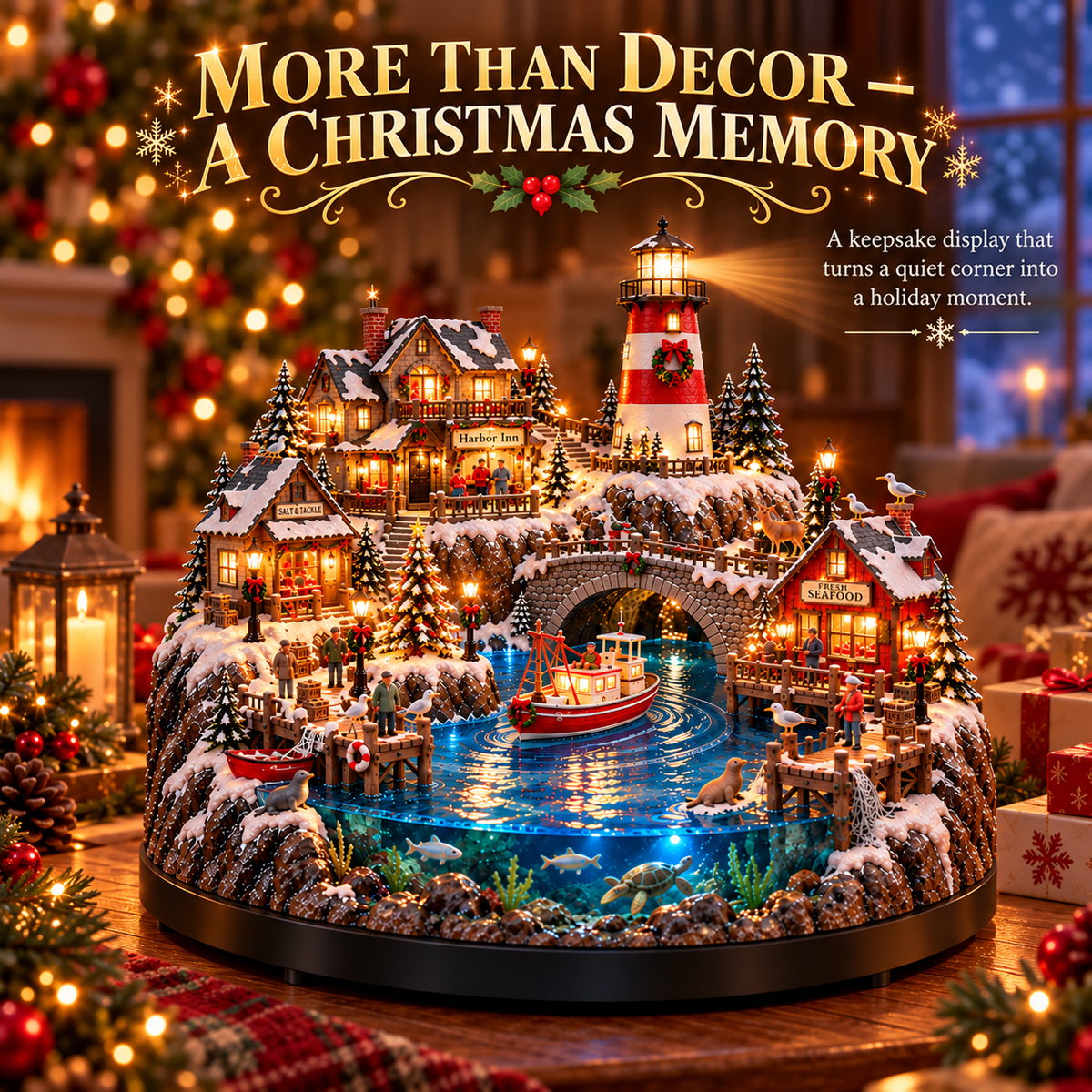 🎄⚓ Harborlight Christmas™ – Magical Lighted Coastal Village with Lighthouse, Fishing Boat & Underwater Wonderland ✨🌊