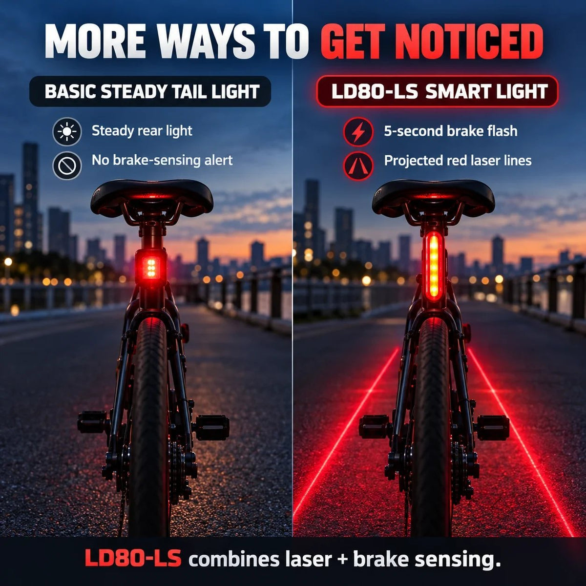 🚨 LED Bicycle Rear Light with Brake Flash | Laser Safety Zone, 22h Long Battery Life