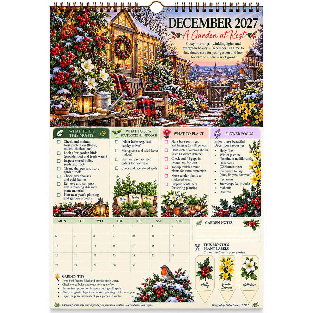2027 Four Seasons Gardening Calendar & Monthly Planner – A4 Wall Calendar with Planting Guide, Garden Tasks & Plant Labels | TYII™