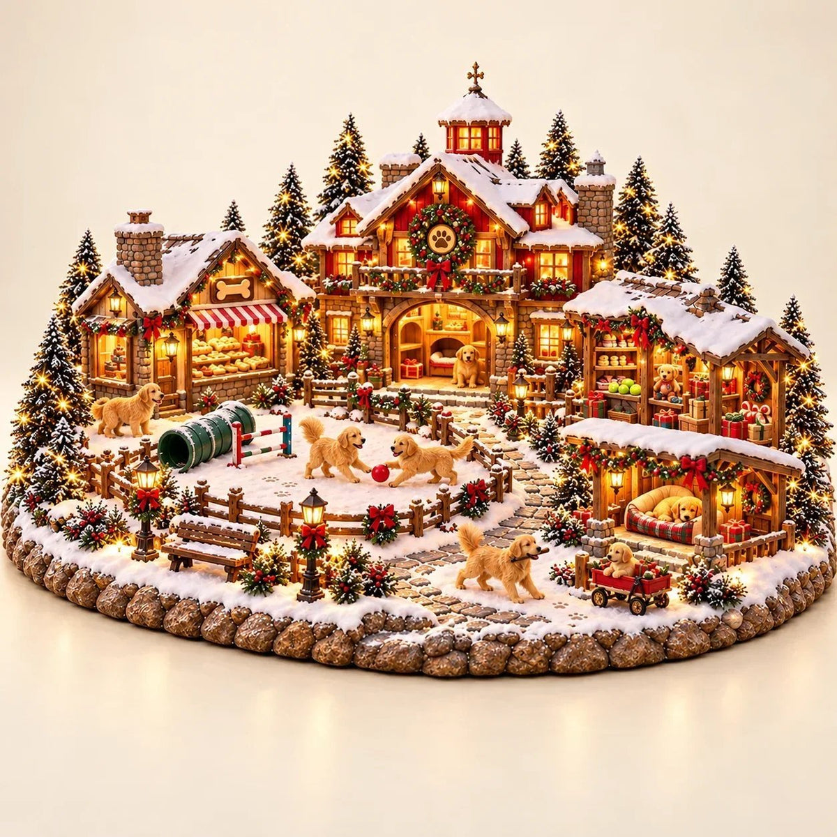 🐶🏠 Village de Noël des Golden Retrievers – Scène illuminée pour les amoureux des chiens