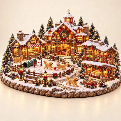 🐶🏠 Village de Noël des Golden Retrievers – Scène illuminée pour les amoureux des chiens