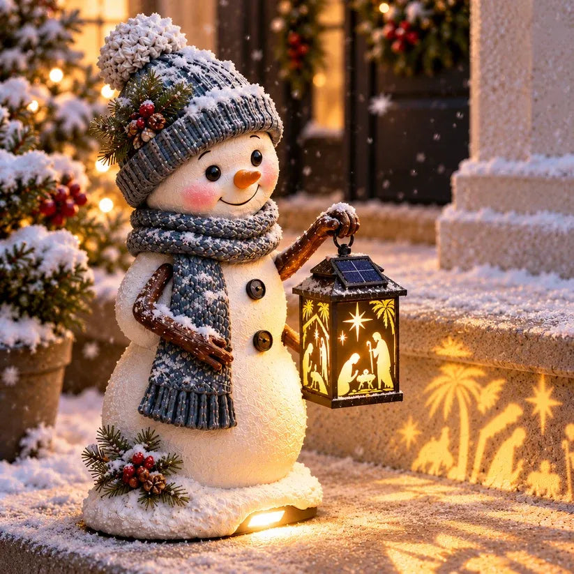 ⛄ Snowman Nativity Glow™ – Solar Christmas Step Light with Holy Family Projection