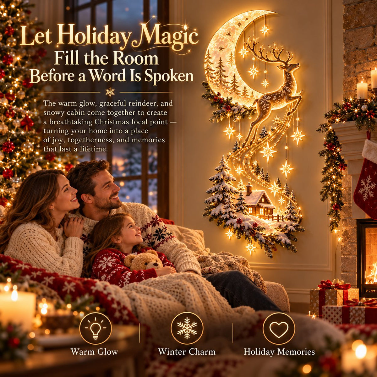 🌙🦌 Moonlit Reindeer Christmas Wall Light ✨ Cozy Winter Cabin & Cascading Stars