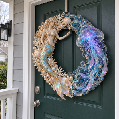 🌊🧜‍♀️ Mermaid & Jellyfish Glow Wreath – Lighted Coastal Decor