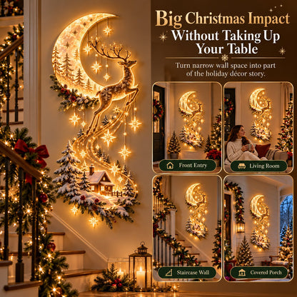 🌙🦌 Moonlit Reindeer Christmas Wall Light ✨ Cozy Winter Cabin & Cascading Stars