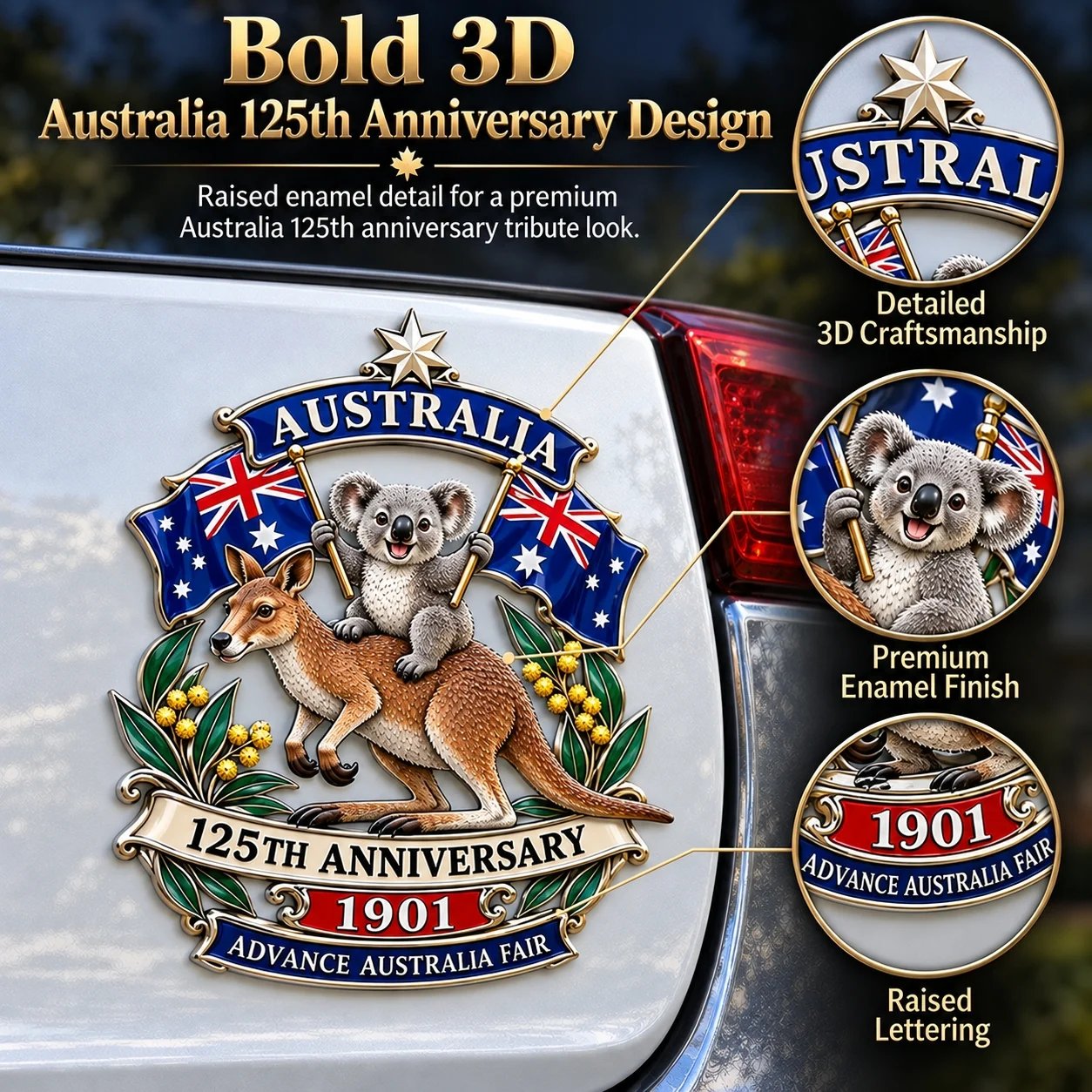Close-up of Australian commemorative metal emblem