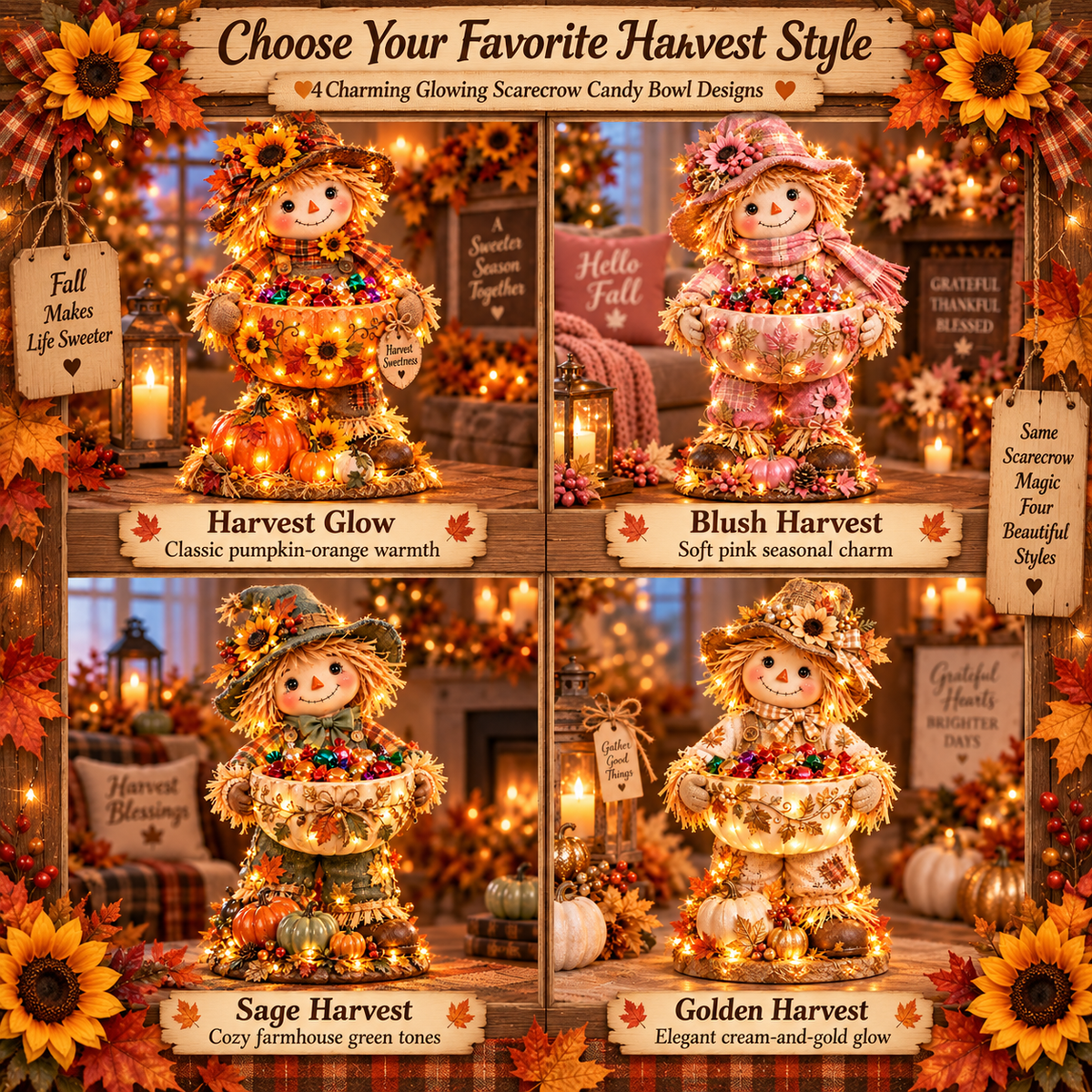Four Harvest Glow scarecrow candy bowl styles