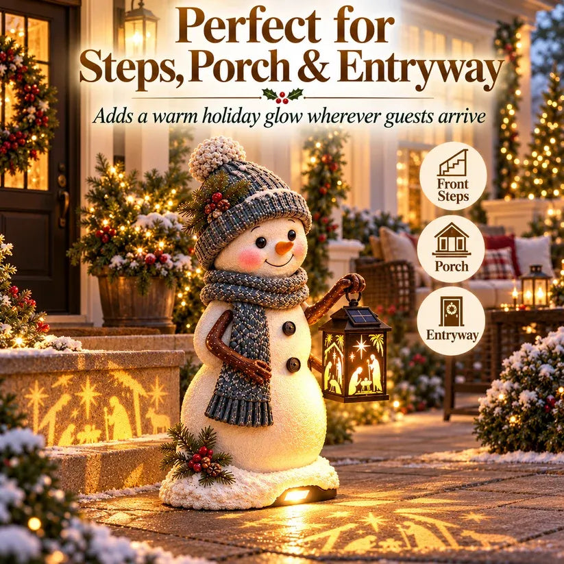 ⛄ Snowman Nativity Glow™ – Solar Christmas Step Light with Holy Family Projection