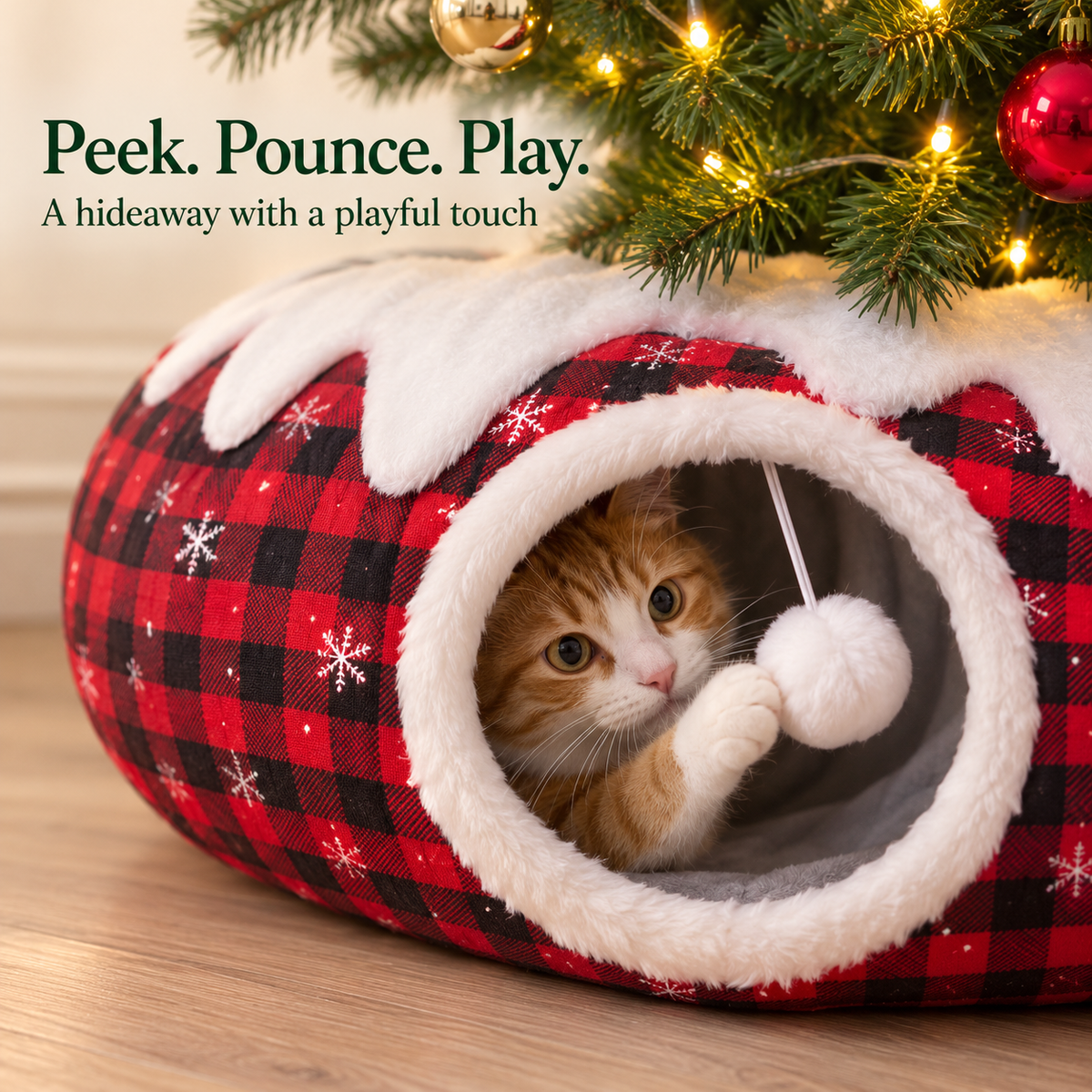 🎄🐱 Christmas Cat Hideaway™ | Plaid Tunnel & Tree Skirt