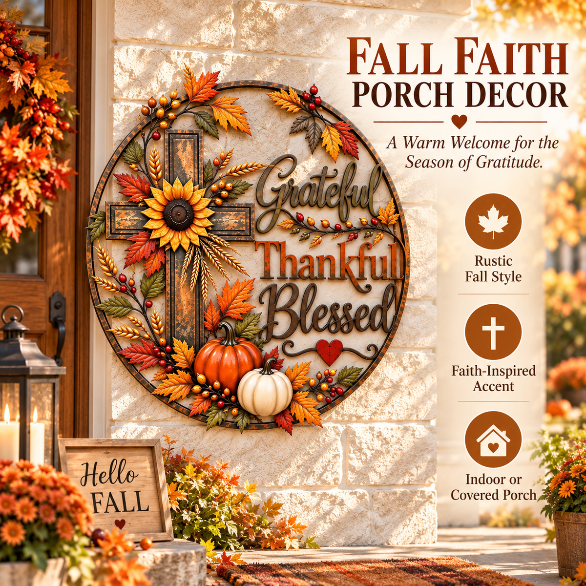 🍂🙏 Grateful, Thankful & Blessed™ | Rustic Fall Faith Wall Décor for Porch & Home ✝️🌻