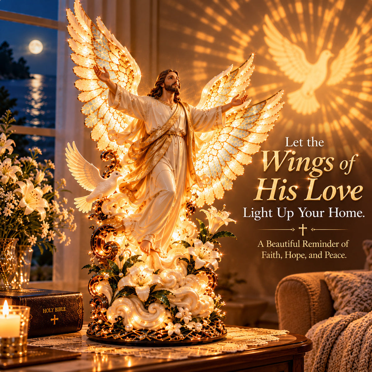 ✝️ Let His Love Light Up Your Home! 🕊️ Wings of His Love – Illuminated Jesus Sculpture with Angel Wings & Dove Projection!