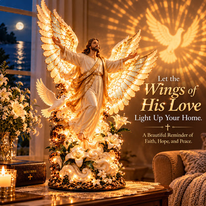✝️ Let His Love Light Up Your Home! 🕊️ Wings of His Love – Illuminated Jesus Sculpture with Angel Wings & Dove Projection!