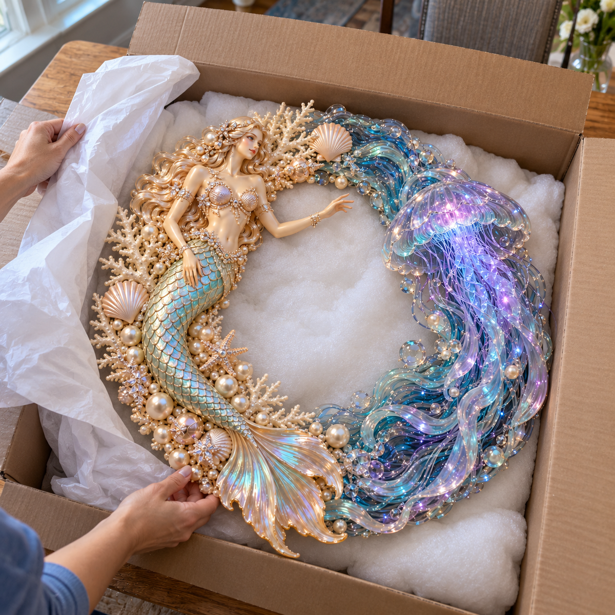 🌊🧜‍♀️ Mermaid & Jellyfish Glow Wreath – Lighted Coastal Decor