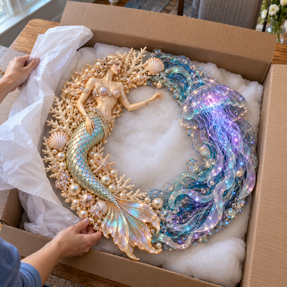 🌊🧜‍♀️ Mermaid & Jellyfish Glow Wreath – Lighted Coastal Decor