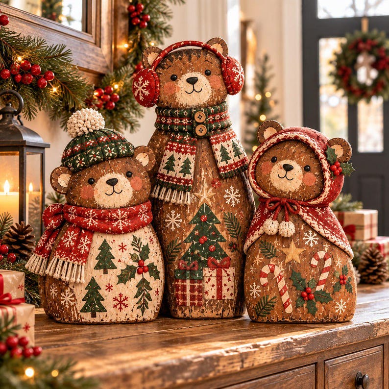 🐻🎄 Rustic Christmas Bear Family – 3-Piece Wooden Tabletop Decor