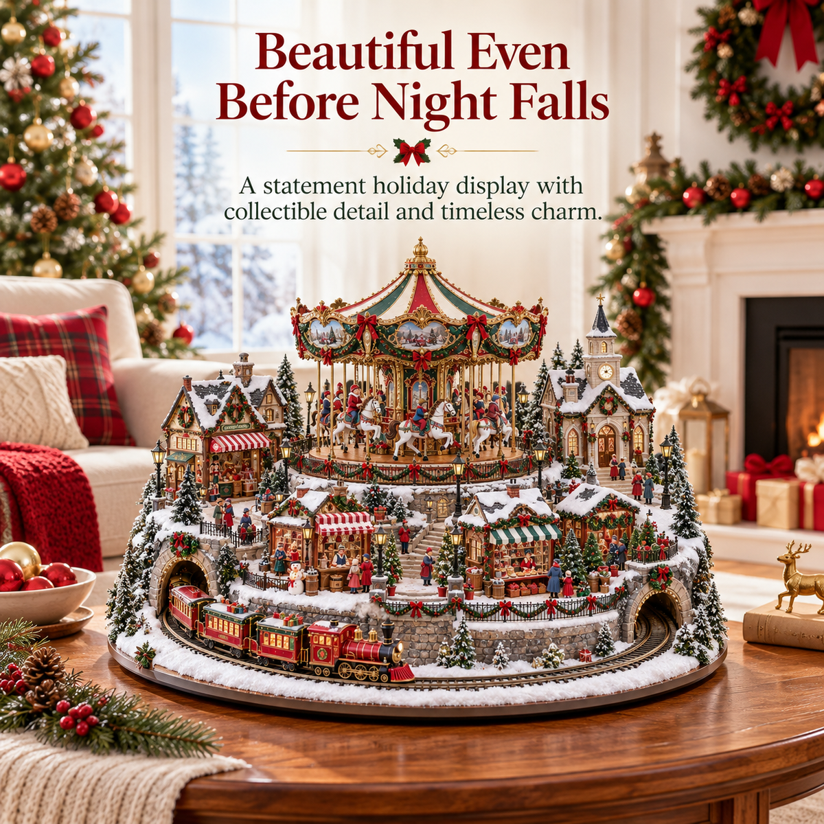 🎠✨ Christmas Market Carousel Village | Animated Lighted Holiday Train & Village Centerpiece