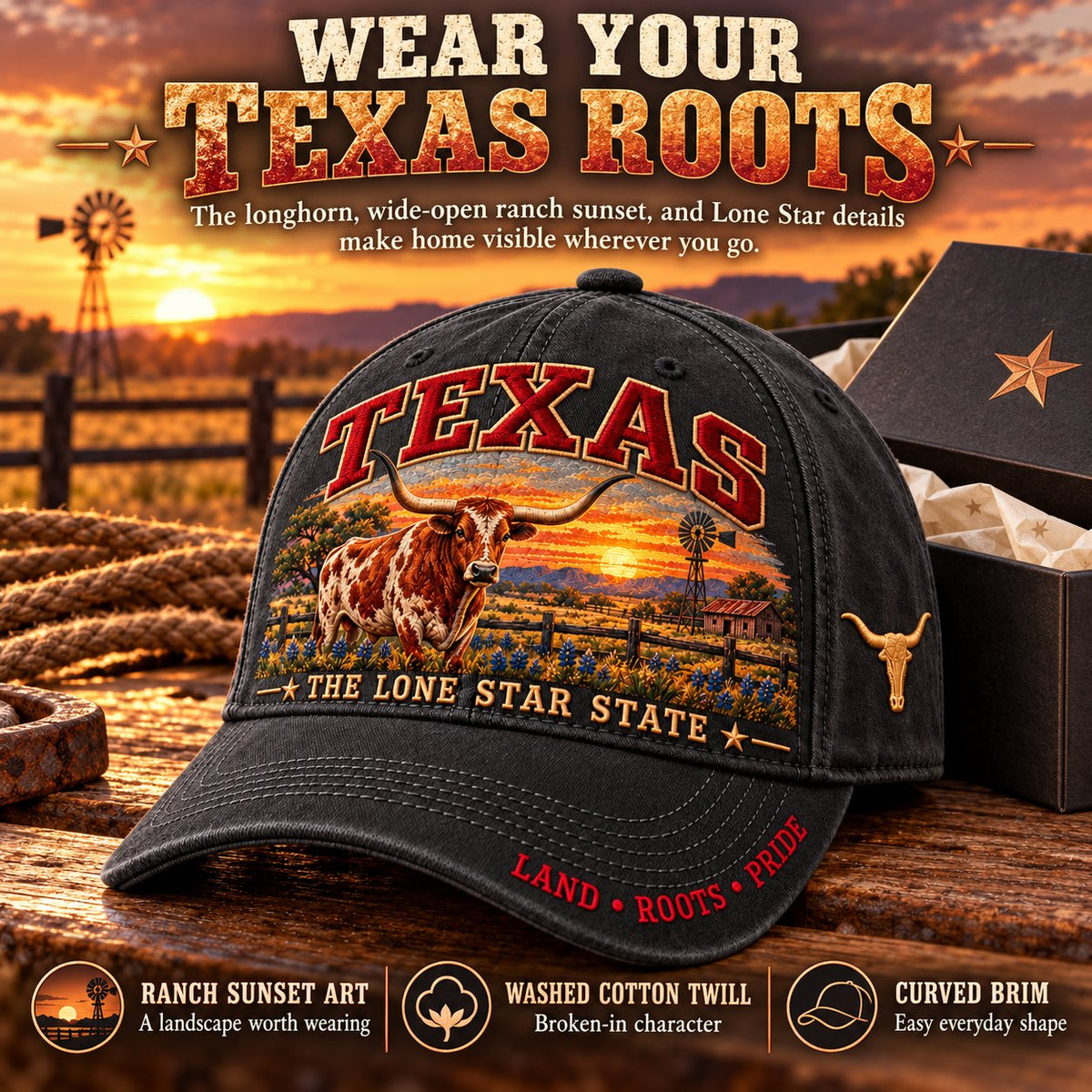 🐂 Lone Star Longhorn Pride | Embroidered Texas Cap