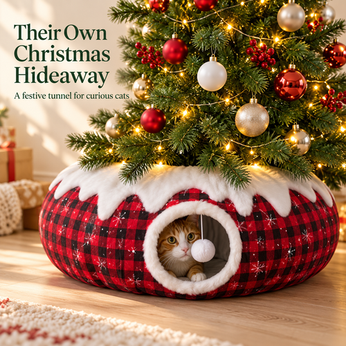 🎄🐱 Christmas Cat Hideaway™ | Plaid Tunnel & Tree Skirt