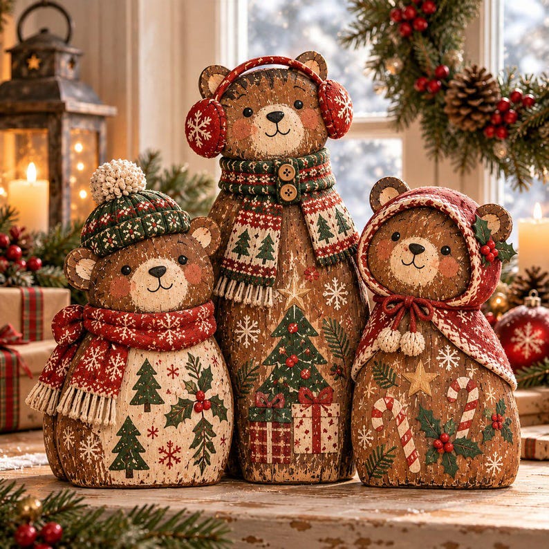 🐻🎄 Rustic Christmas Bear Family – 3-Piece Wooden Tabletop Decor