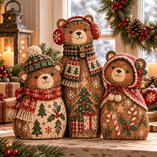 🐻🎄 Rustic Christmas Bear Family – 3-Piece Wooden Tabletop Decor