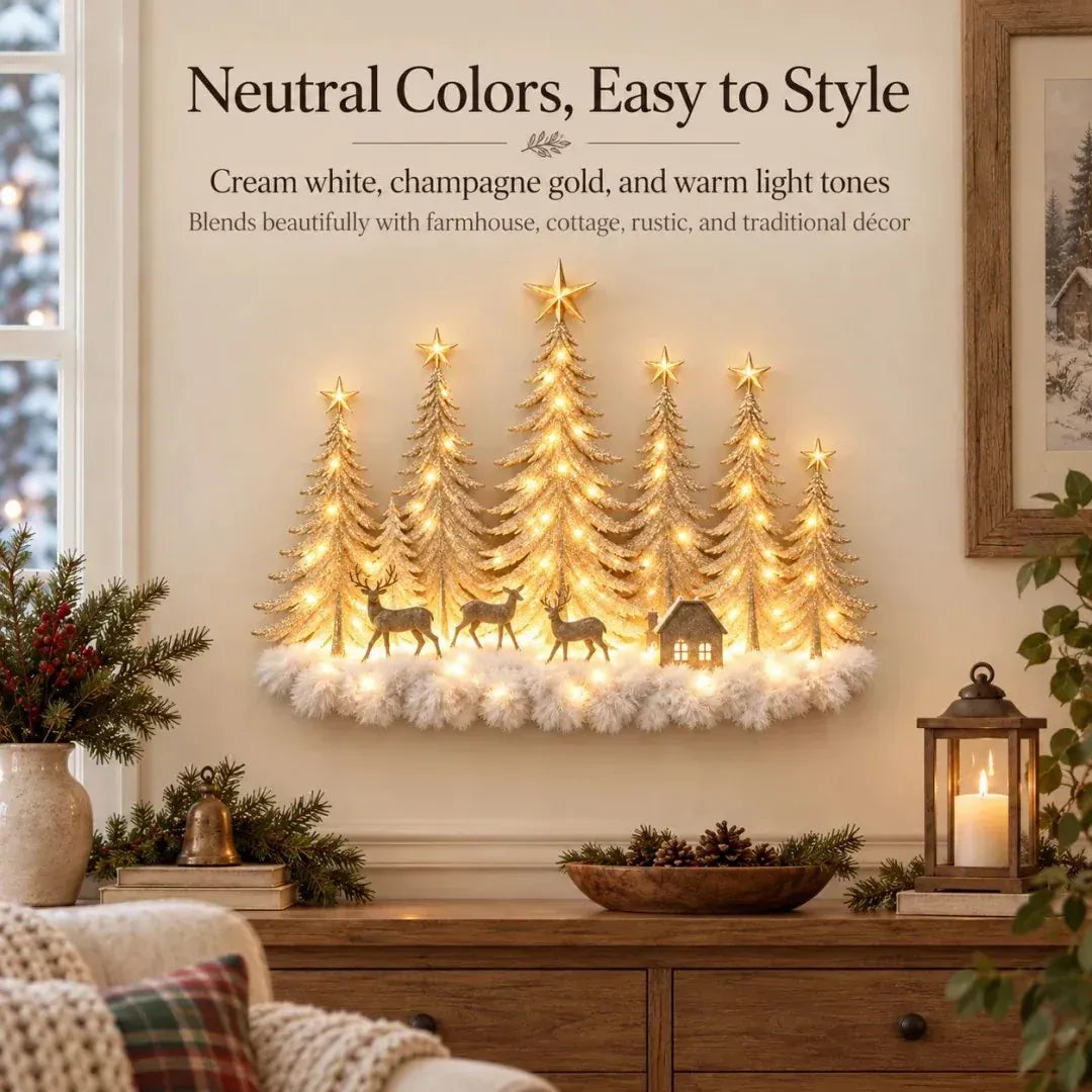 Neutral Christmas forest wall decor styled in a warm farmhouse living room