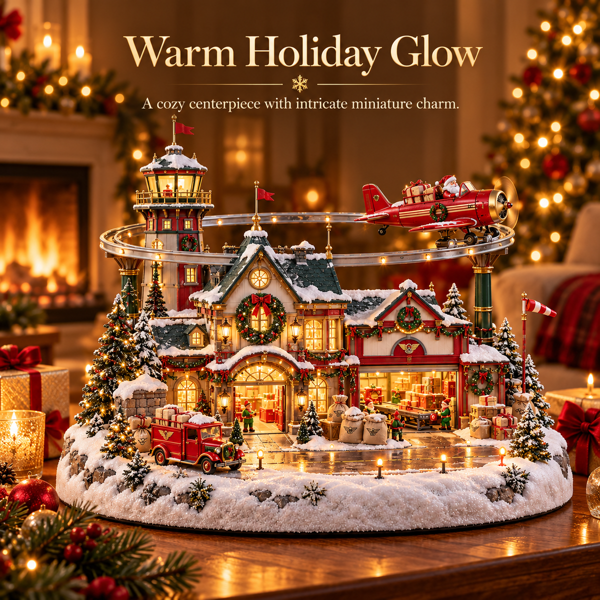 ✈️ North Pole Air Mail Village™ – Lighted Christmas Airport with Santa's Plane, Elf Workshop & Gift Depot