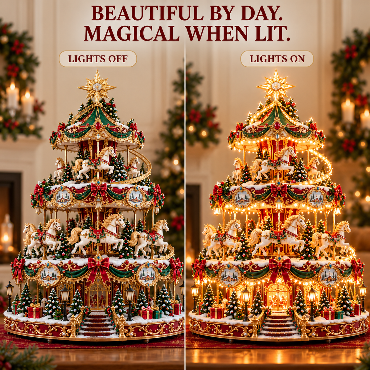 🎠✨ Enchanted Carousel Christmas Tree™ – Lighted 3-Tier Holiday Centerpiece