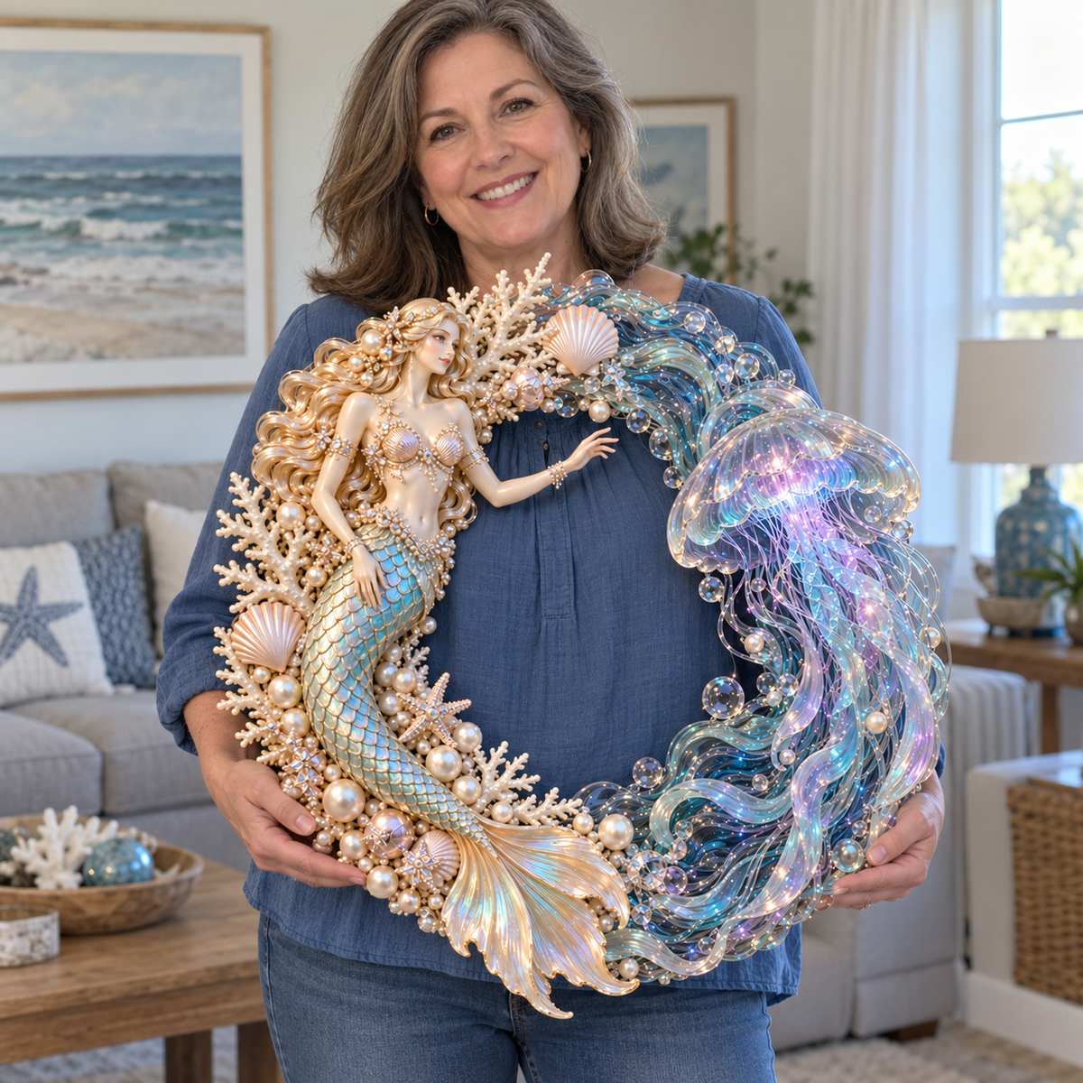 🌊🧜‍♀️ Mermaid & Jellyfish Glow Wreath – Lighted Coastal Decor