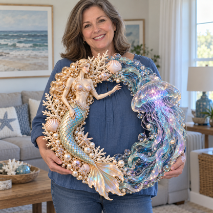 🌊🧜‍♀️ Mermaid & Jellyfish Glow Wreath – Lighted Coastal Decor
