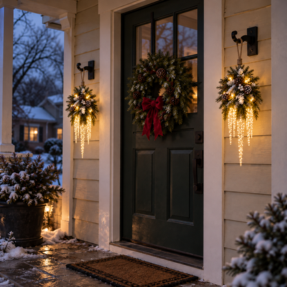 🌲❄️ Frosted Evergreen Icicle Swag – Warm LED Holiday Decor