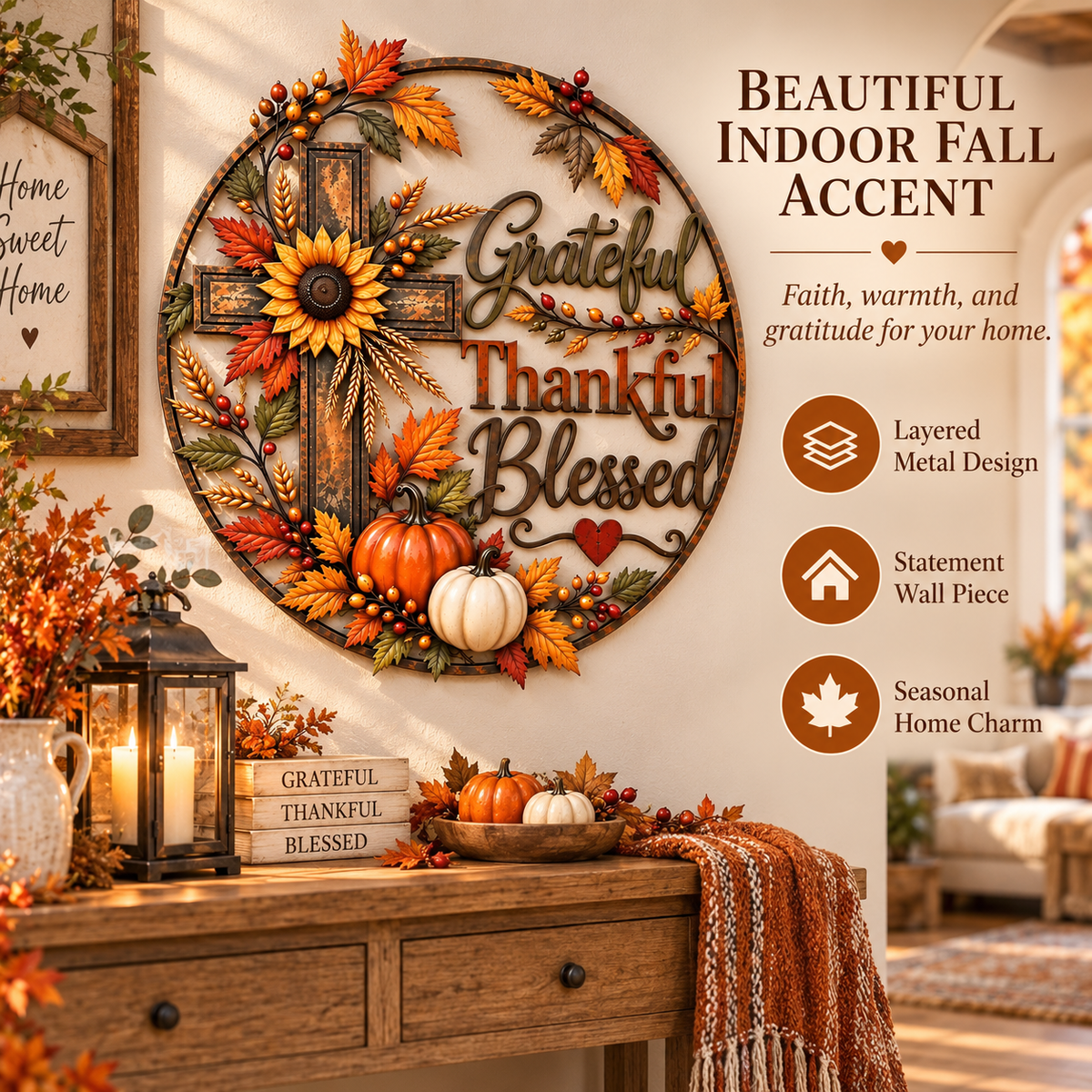 🍂🙏 Grateful, Thankful & Blessed™ | Rustic Fall Faith Wall Décor for Porch & Home ✝️🌻