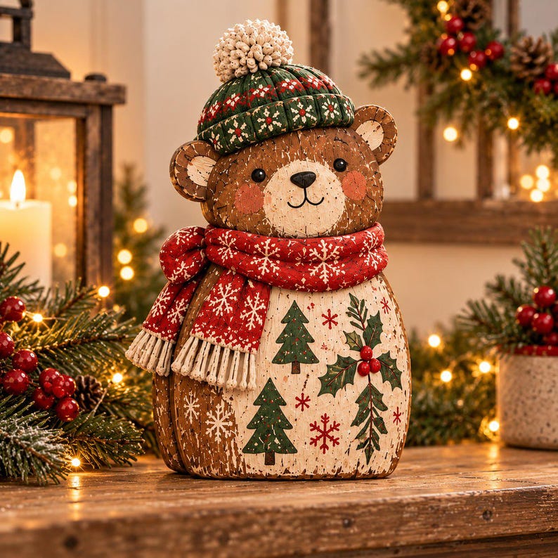 🐻🎄 Rustic Christmas Bear Family – 3-Piece Wooden Tabletop Decor